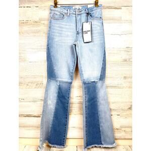 Almost Famous Womens 9 High Rise Flare Jeans Patchwork Light Wash Boho Denim NWT